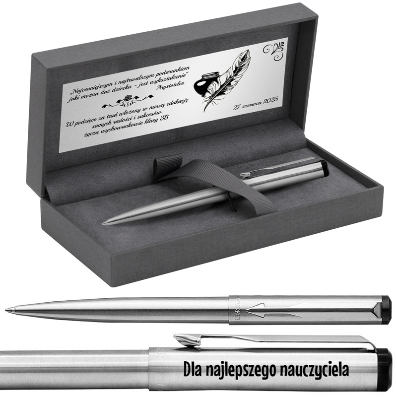 Długopis Parker Vector stalowy z grawerem i tabliczką w etui