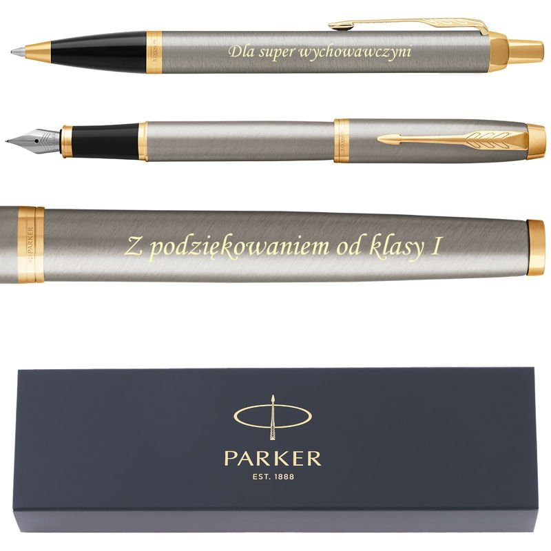 Zestaw Parker IM Brushed GT: pióro wieczne i długopis z grawerem